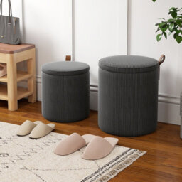 Gainoom Set Of 2 Grey Round Ottoman Nesting Upholstered Vanity Stools With Removable Lids & Padded Seats - thumbnail 5