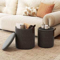 Gainoom Set Of 2 Grey Round Ottoman Nesting Upholstered Vanity Stools With Removable Lids & Padded Seats - thumbnail 4