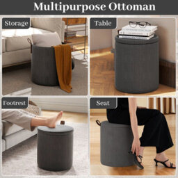Gainoom Set Of 2 Grey Round Ottoman Nesting Upholstered Vanity Stools With Removable Lids & Padded Seats - thumbnail 7