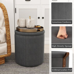 Gainoom Set Of 2 Grey Round Ottoman Nesting Upholstered Vanity Stools With Removable Lids & Padded Seats - thumbnail 6