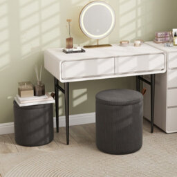 Gainoom Set Of 2 Grey Round Ottoman Nesting Upholstered Vanity Stools With Removable Lids & Padded Seats - thumbnail 3