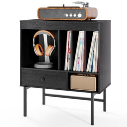 Costway Record Player Stand Modern Vinyl Storage Cabinet W/ Album Holders-Black - thumbnail 2