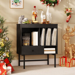 Costway Record Player Stand Modern Vinyl Storage Cabinet W/ Album Holders-Black - thumbnail 5