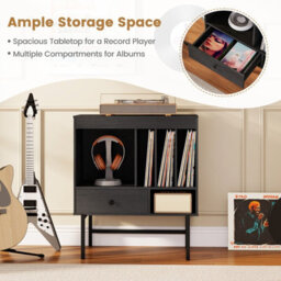 Costway Record Player Stand Modern Vinyl Storage Cabinet W/ Album Holders-Black - thumbnail 7
