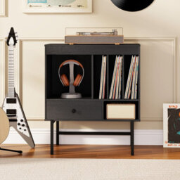 Costway Record Player Stand Modern Vinyl Storage Cabinet W/ Album Holders-Black - thumbnail 4
