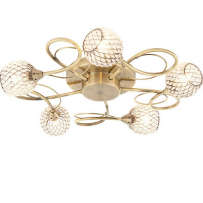 Semi Flush Ceiling Light Brass Glass Beads 5 Bulb Hanging Pendant Lamp Shade - image 1