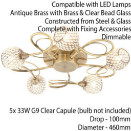 Semi Flush Ceiling Light Brass Glass Beads 5 Bulb Hanging Pendant Lamp Shade - thumbnail 2