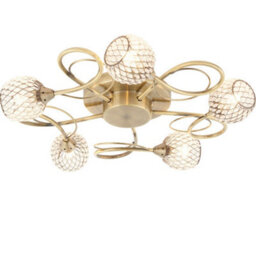 Semi Flush Ceiling Light Brass Glass Beads 5 Bulb Hanging Pendant Lamp Shade - thumbnail 1