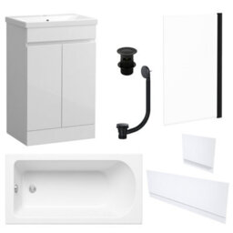 FNX Bathrooms Waterproof 600mm Vanity Unit With Single Ended Bath, Gloss White Panels, Matt Black Screen, Bath & Slotted Basin Waste - thumbnail 1