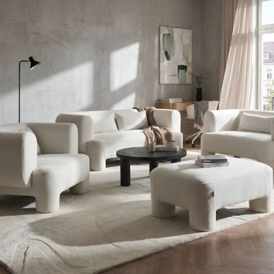 Beliani Soft Curved 3-Seater Sofa Set In White Fabric - Modular, Easy-Care, Plush Seating - image 1