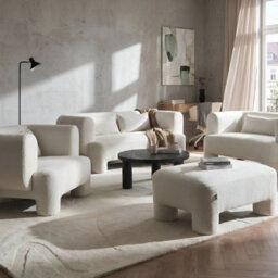 Beliani Soft Curved 3-Seater Sofa Set In White Fabric - Modular, Easy-Care, Plush Seating - thumbnail 1
