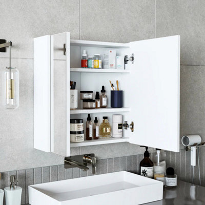 Roomart Atlantic Mirrored Bathroom Cabinet Wall Mounted White Finish 60Cm With Double Doors - image 1