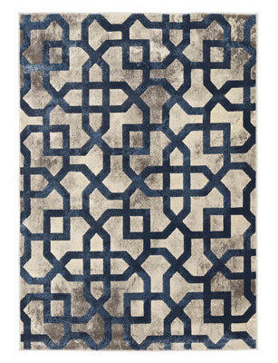 Blue Grey Geometric Rug, Easy To Clean Rug, Stain-Resistant Rug For Bedroom, Living Room, & Dining Room-120Cm X 170Cm - image 1