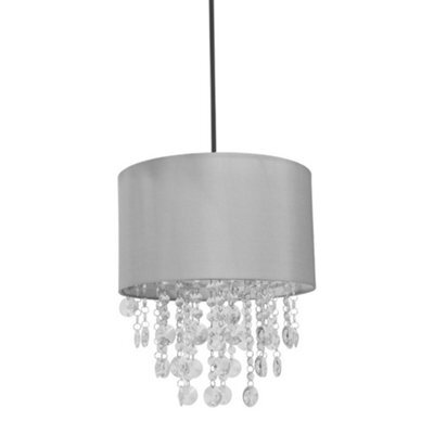 Valuelights Lulu Easy Fit Grey Fabric Acrylic Jewel Droplet Drum Ceiling Light Shade - Bulb Included - image 1