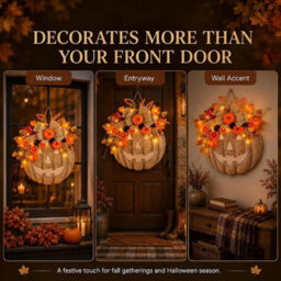 Amorly Light Up Burlap Pumpkin Wreath, Warm Led Autumn Floral Wreath, Front Door & Covered Porch Decor For Halloween, Thanksgiving - thumbnail 4