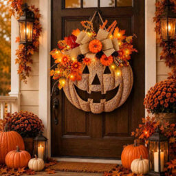 Amorly Light Up Burlap Pumpkin Wreath, Warm Led Autumn Floral Wreath, Front Door & Covered Porch Decor For Halloween, Thanksgiving - thumbnail 1