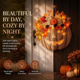 Amorly Light Up Burlap Pumpkin Wreath, Warm Led Autumn Floral Wreath, Front Door & Covered Porch Decor For Halloween, Thanksgiving - thumbnail 3