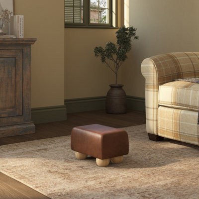 Rust Brown Natural Wood Bun Feet Italian Leather Small Footstool  Handmade Uk By Footstools Direct - image 1