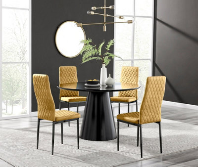 Furniturebox Uk Palma Black Semi-Gloss Round Pedestal Dining Table & 4 Mustard Velvet Milan Black Leg Chairs - image 1