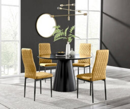 Furniturebox Uk Palma Black Semi-Gloss Round Pedestal Dining Table & 4 Mustard Velvet Milan Black Leg Chairs - thumbnail 1
