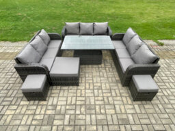 Fimous Patio Garden Dining Set Outdoor Rattan Furniture Sofa Height Adjustable Rising Table With Big Footstool - thumbnail 1