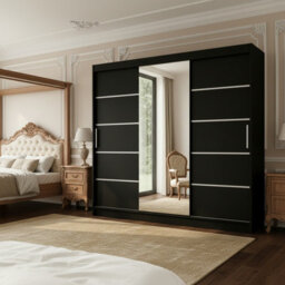 Aston Vi Black Sliding Door Wardrobe Modern Design With Mirror Shelves And Hanging Rails No Led Lighting - thumbnail 1
