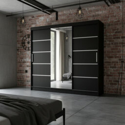 Aston Vi Black Sliding Door Wardrobe Modern Design With Mirror Shelves And Hanging Rails No Led Lighting - thumbnail 2