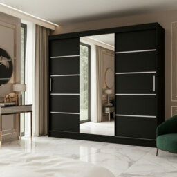 Aston Vi Black Sliding Door Wardrobe Modern Design With Mirror Shelves And Hanging Rails No Led Lighting - thumbnail 3