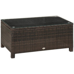Outsunny Garden Rattan Side Table,wicker Coffee Desk, Glass Top, Mixed Brown - thumbnail 2