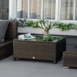 Outsunny Garden Rattan Side Table,wicker Coffee Desk, Glass Top, Mixed Brown - thumbnail 7