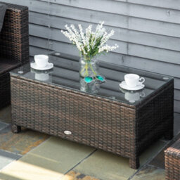 Outsunny Garden Rattan Side Table,wicker Coffee Desk, Glass Top, Mixed Brown