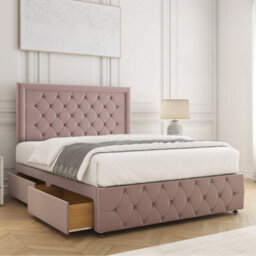 Bsspoke Lena Divan Bed Set Pink Plush Velvet With 24Inch Headboard & Footboard & 4 Drawers & Mattress In All Sizes