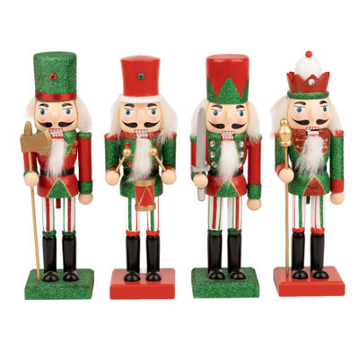 Shatchi 25Cm Red Green Wooden Nutcrackers Soldiers King Drummer Christmas Ornament 4Pcs Set - image 1