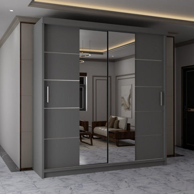 Sliding Wardrobes 4 u LTD Sliding Wardrobes 4U Evora Modern Sliding Mirror Door Wardrobe With Shelves & Rails In White, Black & Grey (Grey, 150Cm) - image 1