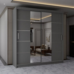 Sliding Wardrobes 4 u LTD Sliding Wardrobes 4U Evora Modern Sliding Mirror Door Wardrobe With Shelves & Rails In White, Black & Grey (Grey, 150Cm) - thumbnail 1