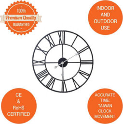 Klass Home Collection 60Cm Black Metal Roman Numerals Large Analog Wall Clock Indoor & Outdoor, Silent Non-Ticking - thumbnail 3