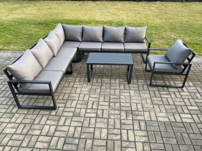 Fimous Aluminium Patio Outdoor Garden Furniture Lounge Corner Sofa Set With Oblong Coffee Table Chair Dark Grey