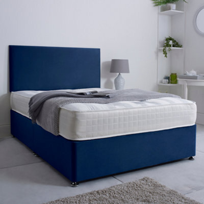 Bsspoke Ivy Divan Bed Set In Blue Plush Velvet With 24Inch Headboard & 4 Drawers & Orthopaedic Mattress In All Sizes