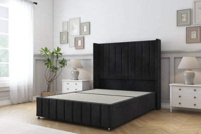 "Sloomy Melbourne Black Naples Divan Bed Base No Drawers - 54"" Wingback Headboard & 12"" Footboard 2'6 Small Single" - image 1