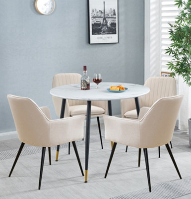 Hallowood Furniture Finley Small Round Dining Table In White Marble Finish With 4 Beige Fabric Armed Chairs - image 1
