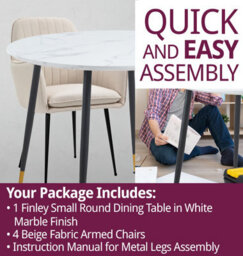 Hallowood Furniture Finley Small Round Dining Table In White Marble Finish With 4 Beige Fabric Armed Chairs - thumbnail 7