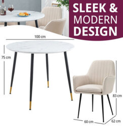 Hallowood Furniture Finley Small Round Dining Table In White Marble Finish With 4 Beige Fabric Armed Chairs - thumbnail 3