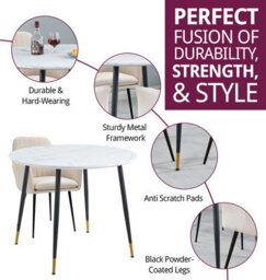 Hallowood Furniture Finley Small Round Dining Table In White Marble Finish With 4 Beige Fabric Armed Chairs - thumbnail 2
