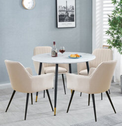 Hallowood Furniture Finley Small Round Dining Table In White Marble Finish With 4 Beige Fabric Armed Chairs