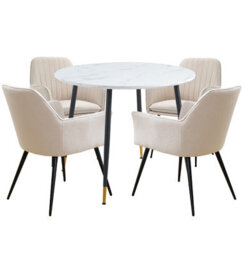 Hallowood Furniture Finley Small Round Dining Table In White Marble Finish With 4 Beige Fabric Armed Chairs - thumbnail 8