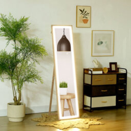 Homcom Dimming Full Length Mirror W/ Lights Standing Leaning Wall Mount Oak - thumbnail 1