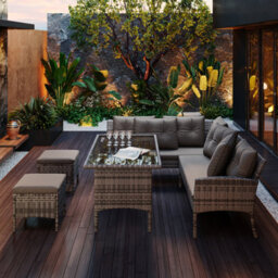 Btm 7 Seater Rattan Garden Furniture Outdoor  Corner Sofa Set With Table And Stool Outdoor Patio Lounge Mixed Grey Wicker Cushions - thumbnail 4