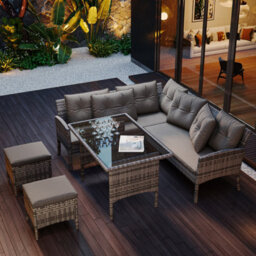 Btm 7 Seater Rattan Garden Furniture Outdoor  Corner Sofa Set With Table And Stool Outdoor Patio Lounge Mixed Grey Wicker Cushions - thumbnail 1