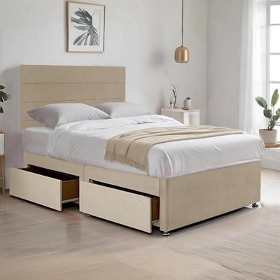 Cream Plush 5Ft King Size Bed With 20 Inch Headboard With Mattress And 2Drawers - image 1