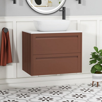Royal Bathrooms Royal Bathroom Elmore 700mm Terracotta Clay Wall Mounted Bathroom Vanity Unit 2 Drawer Plain White Worktop With Elva Basin - image 1